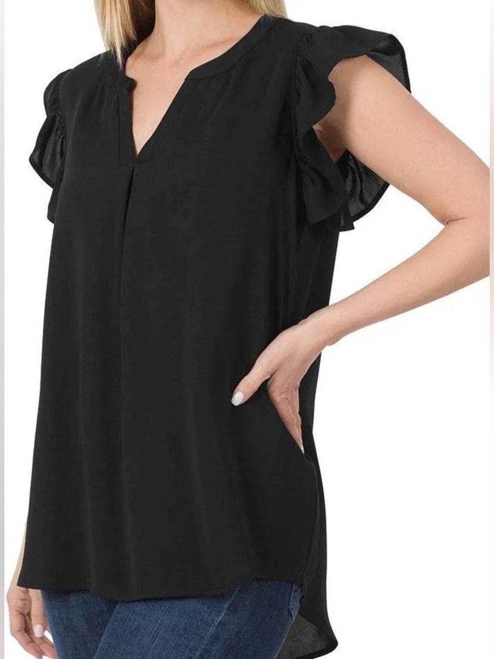 Zenana Woven Ruffled Sleeve Top- Charcoal